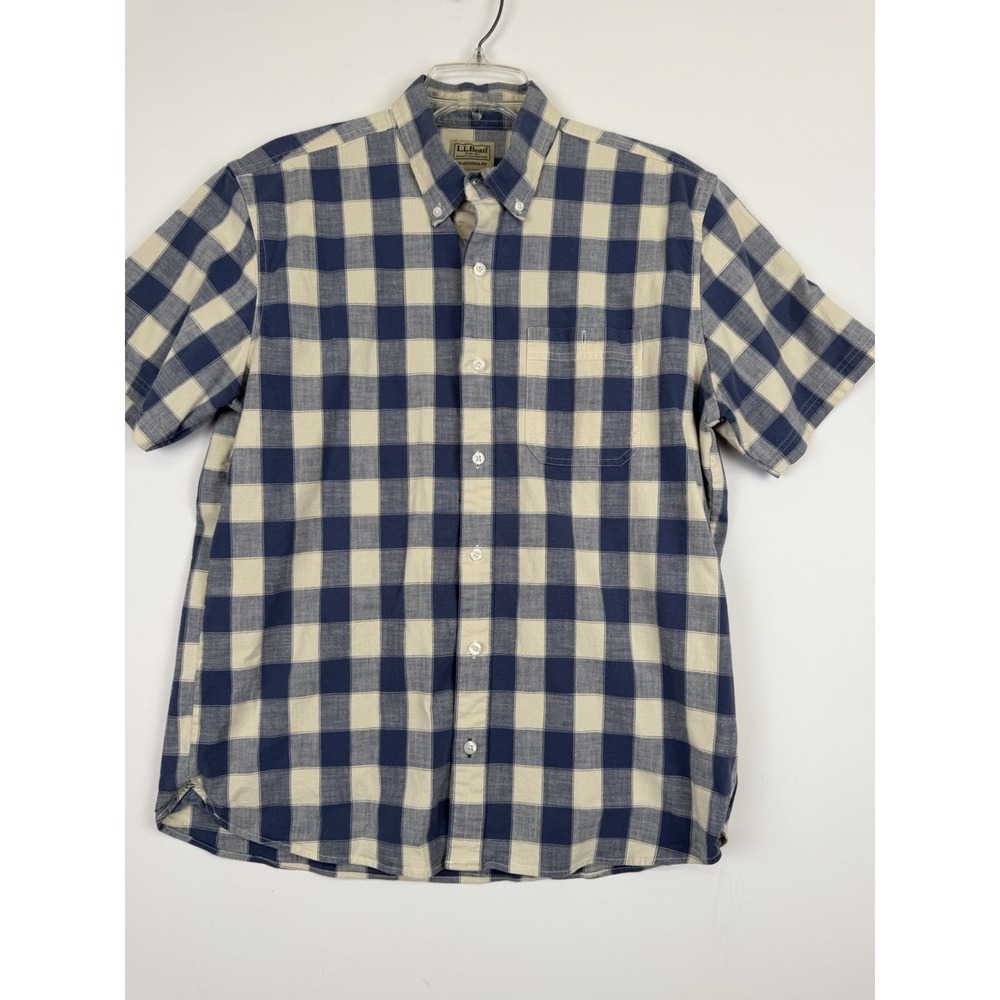 vintage LL Bean Mens Blue‎ Check Plaid Shirt Heavy Cotton Short Sleeve medium